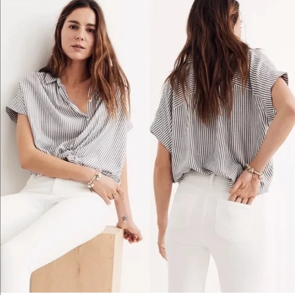 MADEWELL Central Stripe Button Down Oversized Shirt Cap Sleeve XXS - Picture 2 of 8